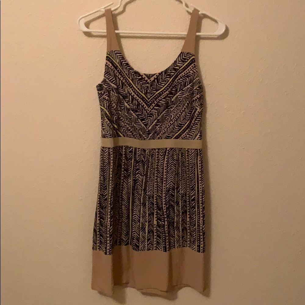 Navy and tan printed dress.